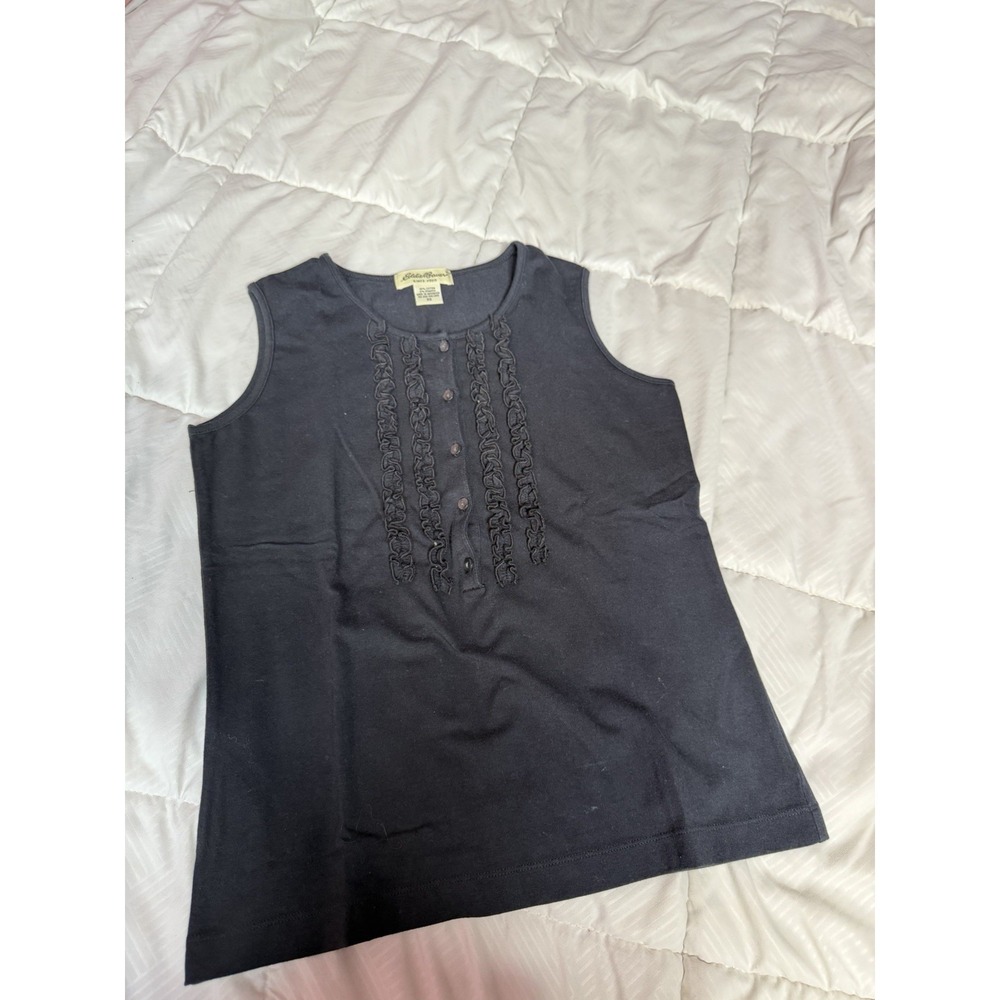 Eddie Bauer Womens Blue Tank Size XsCotton Jersey Knit Ruffle Buttons A1-0044